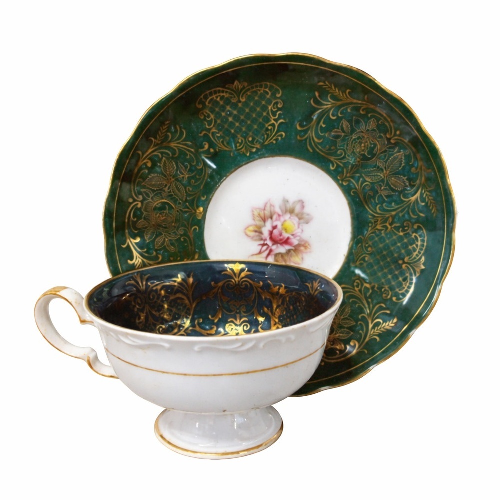 Japanese Porcelain Teacup Set Emerald Green Gold Floral Elegant Tea Cup